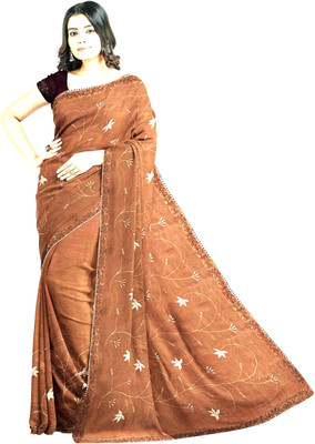 Shubha fashions Self Design Bollywood Crepe Saree(Brown)