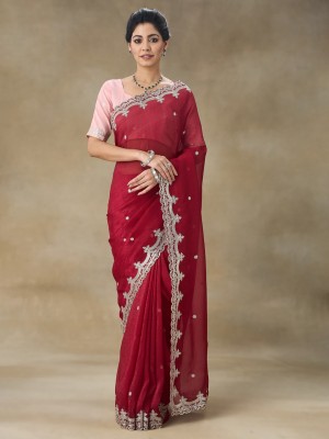 FABMORA Embroidered Bollywood Tissue Saree(Maroon)