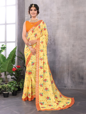 YASHIKA Printed Bollywood Georgette, Lace Saree(Yellow)