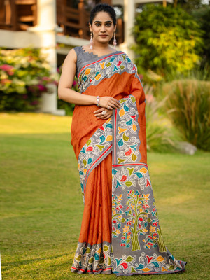Divastri Printed Hand Batik Cotton Blend Saree(Orange)