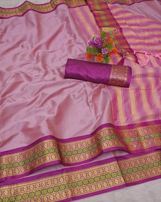 AARMICREATION Woven Banarasi Cotton Silk Saree(Pink)