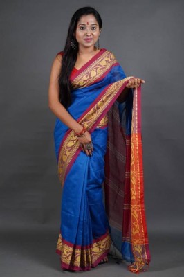 Joyguru Textile Woven Handloom Cotton Silk Saree(Light Blue)