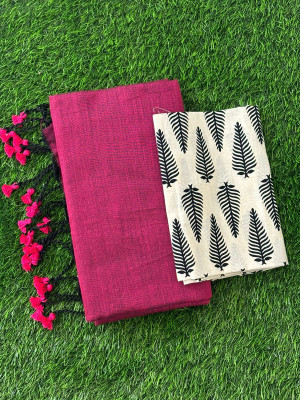 HouseOfCommon Solid/Plain, Printed Kalamkari Handloom Pure Cotton Saree(Magenta, White)