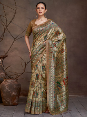 Tasrika Printed Banarasi Cotton Silk Saree(Beige)