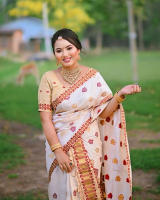 Sheden Lopez Creation Self Design Mekhela Chador Silk Blend Saree(White)