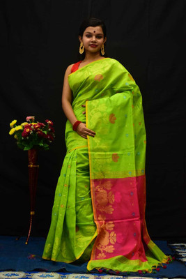 AMIT STORE Self Design Handloom Cotton Blend Saree(Light Green)