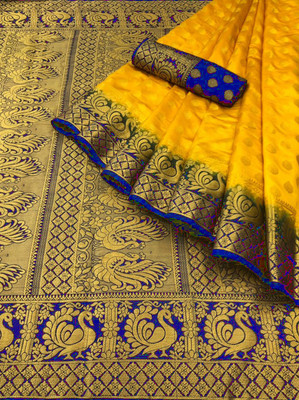 Mionas Woven Kanjivaram Pure Silk Saree(Blue, Yellow)