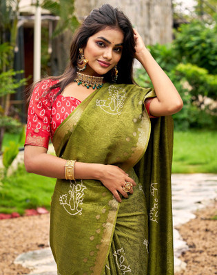 Satrani Printed Bandhani Silk Blend Saree(Green)