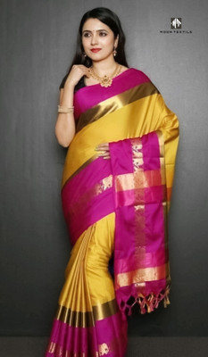 MoonTextile Temple Border Assam Silk Cotton Silk Saree(Mustard)