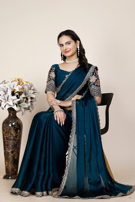 SAADHYA CREATION Embroidered, Solid/Plain Bollywood Chiffon Saree(Dark Blue)