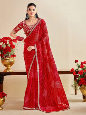 RAJESHWAR FASHION Printed Bandhani Chiffon Saree(Red)