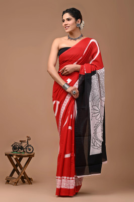 Krishna Creation Printed, Color Block, Applique Ikkat Pure Cotton Saree(Red)