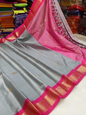 EBAAD TEXTILE Embroidered Paithani Cotton Silk Saree(Grey)