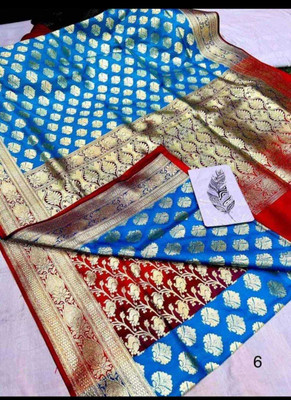 Kanokanjoli Self Design Tant Handloom Cotton Blend Saree(Light Blue, Red)
