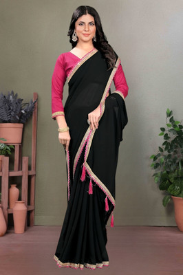 HIJA TRENDZ Solid/Plain Bollywood Georgette Saree(Black)