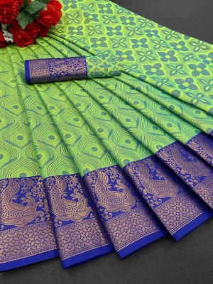 Hensi sarees shop Printed Daily Wear Cotton Silk, Cotton Linen Saree(Light Green, Blue)