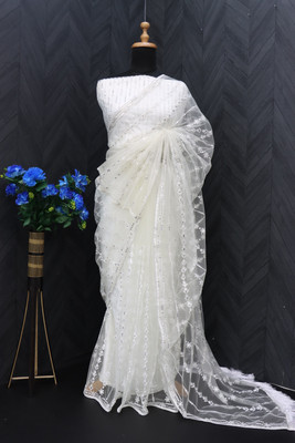 MADHAV Embroidered, Floral Print Bollywood Net Saree(White)