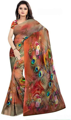grownext Floral Print, Digital Print, Printed Bollywood Georgette Saree(Orange)