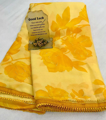 Bansi Ecom Printed Bollywood Chiffon, Silk Blend Saree(Yellow)