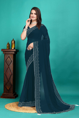 SHELDROM MART Embellished Bollywood Georgette Saree(Light Blue)