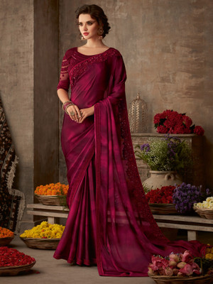 Sareemall Embroidered, Solid/Plain Bollywood Chiffon Saree(Magenta)