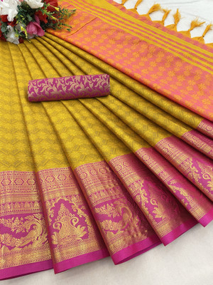 MM VENTURE Woven Kanjivaram Jacquard Saree(Yellow)