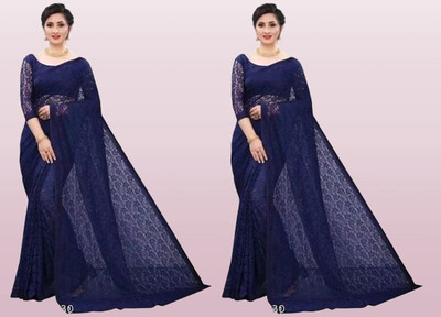 online bazaarr Self Design Bollywood Net Saree(Pack of 2, Blue)