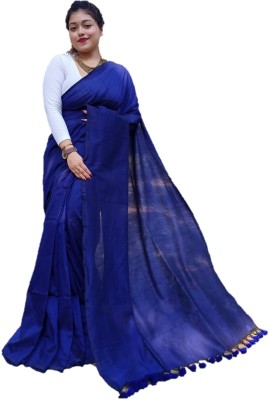 Monde Avenir Solid/Plain Handloom Pure Cotton Saree(Blue)