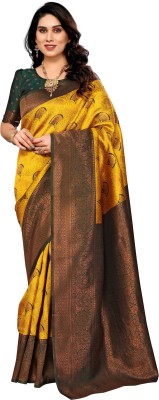 JesoriSaree Embellished, Printed, Woven, Striped Kanjivaram Pure Silk, Art Silk Saree(Gold, Green)