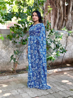 ZENFAB THREADS Printed Kalamkari Georgette Saree(Multicolor)