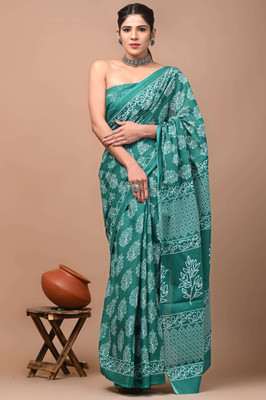 Printed Threads Printed Daily Wear Pure Cotton Saree(Light Green)