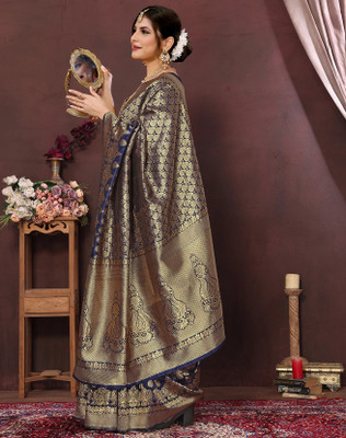 YASHIKA Printed Kanjivaram Cotton Silk, Jacquard Saree(Blue)