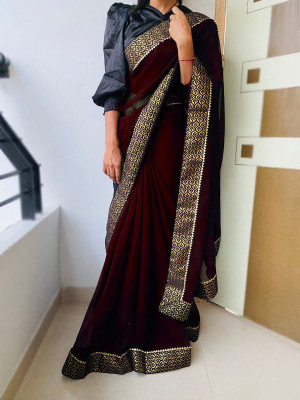 Be4Me.com Self Design, Floral Print, Solid/Plain Bollywood Georgette Saree(Maroon)