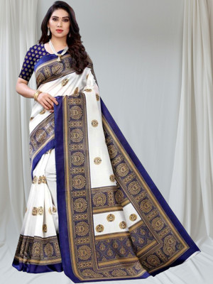 Grubstaker Printed Banarasi Tussar Silk Saree(White)
