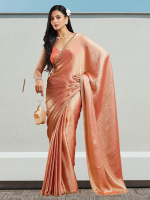 LOROFY Temple Border Bollywood Silk Blend Saree(Orange)