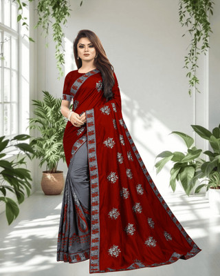 SHOBHTESH Embroidered Venkatagiri Silk Blend, Net Saree(Maroon, Grey)