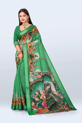 VTEXX Digital Print Saree with Attached Blouse Cotton Linen Saree(Green)
