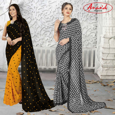 Anand Sarees Polka Print Daily Wear Georgette Saree(Pack of 2, Yellow, Black, Multicolor)