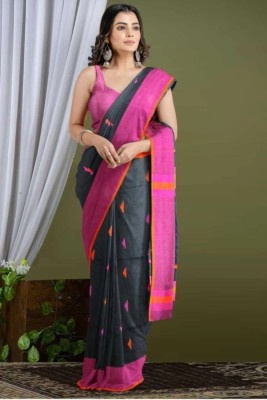 Krishneshwari Woven Handloom Pure Cotton Saree(Black, Pink)