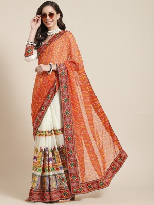 Divastri Self Design, Printed, Embroidered Bandhani Georgette, Jacquard Saree(Orange, Beige)