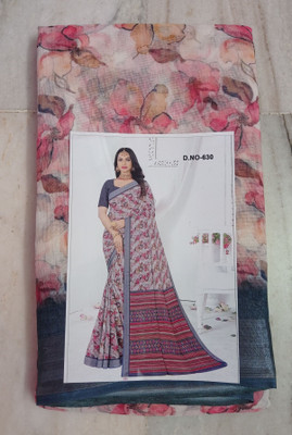 RRShop Floral Print Bollywood Cotton Silk Saree(Cream)