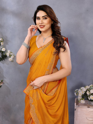 Sareeve Embellished, Embroidered, Dyed Bollywood Georgette, Chiffon Saree(Yellow)