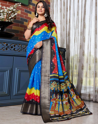 Samah Printed, Digital Print Bandhani Silk Blend Saree(Blue)