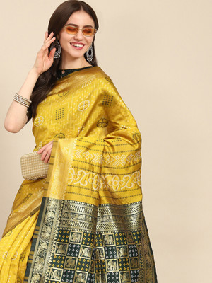 Divastri Self Design, Woven, Printed Bandhani Jacquard, Cotton Silk Saree(Mustard)