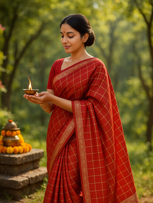 NISA silk creation Checkered Chanderi Chanderi Saree(Red)