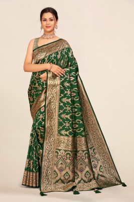 VARMINE Self Design Banarasi Silk Blend Saree(Dark Green)