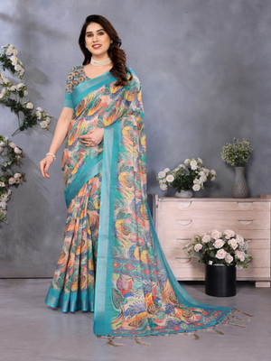 Krujha Digital Print Bollywood Cotton Linen, Art Silk Saree(Multicolor)