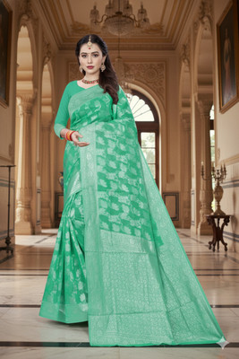 Suntex Woven Banarasi Cotton Blend Saree(Light Blue)