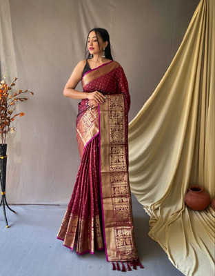 GajGajra Printed Kanjivaram Pure Silk Saree(Maroon)