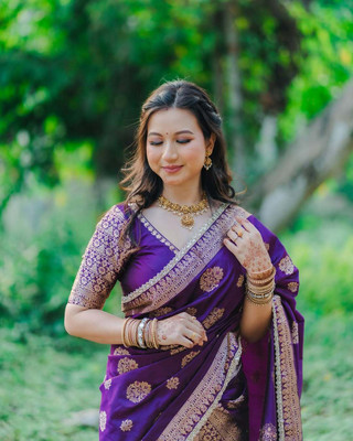 vrajnetic Woven Mekhela Chador Pure Silk Saree(Purple)
